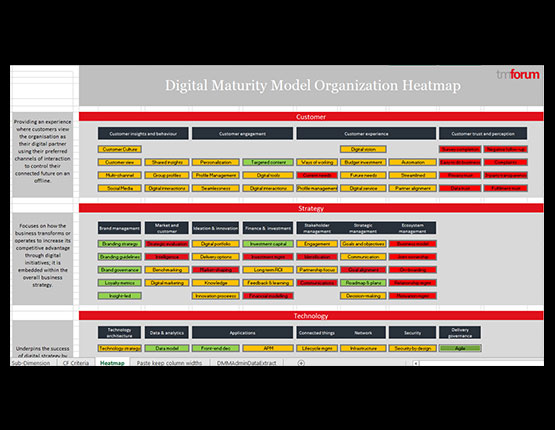 TM Forum Digital Maturity Model organisation heatmap, rating customer, strategy and technology criteria