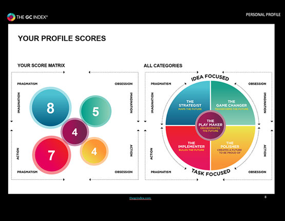 An example GC Index profile: profile scores, score matrix and categories