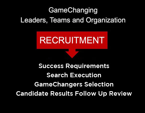 GameChanging leaders, teams and organization recruitment: success requirements, search execution, GameChangers selection and candidate results follow-up review